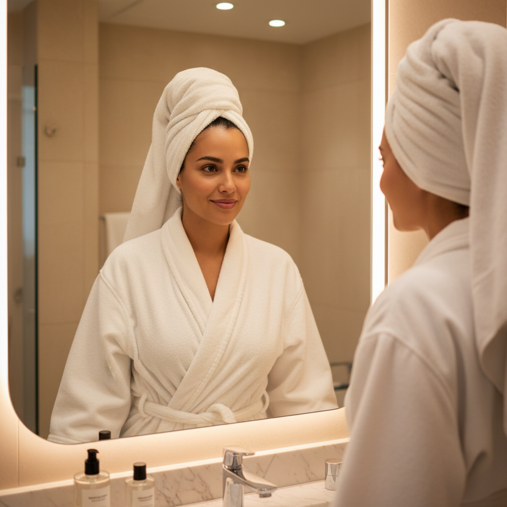 Mature woman gently applying moisturizer to her face